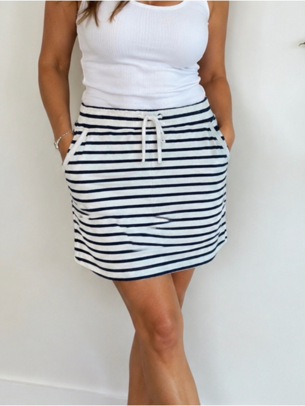 Talbots White & Navy Striped Drawstring Mini Skirt‎